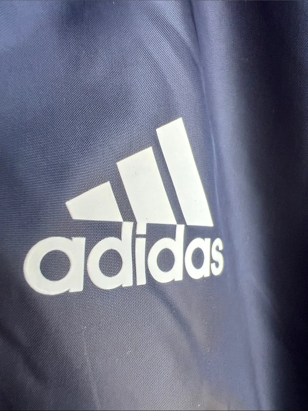 adidas women’s Navy Hooded Quilted Puffer Jacket with White Stripes Size Large